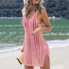 Effen Gehaakte Bikini Cover Up Met Fringe Trim Vrouwen Sexy Hollow Tuniek Strand Jurk 2022 Zomer Badpak Beachwear L230619