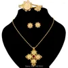 Brincos de colar Conjunto estes Etiópia 5pcs Coin Cross Wedding 22k Color Gold Rhinestone Bridal Romantic Habesha Jóias para Mulheres