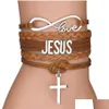 Urok bransoletki moda krzyż pleciona skórzana lina dla kobiet mężczyzn religijny jezus miłość nieskończoność nadgarstek ręcznie robiona biżuteria w Bk Drop Dhjas