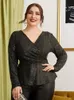 Damska koszulka plus size 4XL cekinowa bluzka peplum z długim rękawem topy typu oversize jesień dekolt w serek eleganckie jednolite koszulki duże ubrania 230705