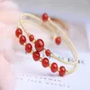 Bangle Light Yellow Gold Color Wire Wrap Stackable Imitation Pearl Open Red Agates Fashion Biżuteria