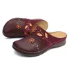 Slippers Vrouwen Bloemen Grote Ronde Neus Slides Wiggen Hakken 3cm Retro Schoenen Comfortabele Dikke Bodem Kaki Wijn Donkerblauw Brede Past