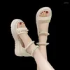 Sandals 2023 Women's Summer Pearl Beads Non Slip Fashion One Line Buckle Strap Thick Sole Open Toe Bag Heel Beach Flat Shoes