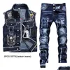 Tute da uomo 2023 New Blue Men 2 pezzi Set Fashion Slim Casual Ricamo Skl Gilet di jeans e jeans elasticizzati con vernice sfilacciata Conjun Dhs0T