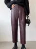 Spodnie damskie Capris QOERLIN jesienno-zimowa PU spodnie skórzane damskie eleganckie kieszenie z wysokim stanem Faux Leather Harem Pant kobiece spodnie z elastycznym pasem J230705