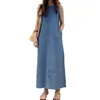 Casual Dresses Y2K Femme Fashion Loose Long Maxi Sundress Pleated Denim Vestido Sleeveless Robe Women Summer A-Line Dress Overszie