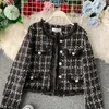 QNPQYX Neue Tweed-Jacke Mantel Luxus Runway Herbst Winter Frauen Slim Tweed-Jacken für Frauen V-Ausschnitt Quasten Mode Damen Jacken Mantel