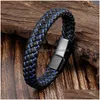 Bracelets De Charme Hommes À La Mode En Cuir Véritable Mtilayer Bleu Noir Corde Tressée À La Main En Acier Inoxydable Boucle Wrap Bracelet Diy Bijoux Dhgqj