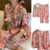 Women's Sleepwear Pink Satin For Women Pajamas Jungle Tiger Print 2Pcs Long Shirt Pants Pyjamas Casual Nightwear Spring