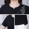 Camiseta de talla grande para mujer Ropa de verano para mujer Casual Diamantes Patchwork Manga corta Moda Cuello redondo Jersey negro Tops sueltos 230705