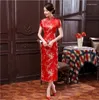 Ethnic Clothing Black Red Satin Qipao Summer Lady Traditional Chinese Style Cheongsam Dresses Women Short Sleeve Long Dress Size S-XXL