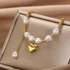 Braccialetti con ciondoli Ciondoli a cuore in acciaio inossidabile Braccialetto di perle d'imitazione Catena color oro per regalo di gioielli da donna 17,5 cm (6 7/8 ") di lunghezza