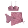 Women's Swimwear 6 Colors Women Bikini Set Solid Color Pearl Bra With Briefs And Drawstring Mini Skirt Bathing Swimsuit
