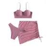 Roupa de banho feminina 6 cores conjunto de biquíni feminino cor sólida sutiã pérola com cueca e cordão minissaia maiô de banho