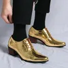 Sapatos masculinos dourados para banquete, dança, casamento, estilo italiano, salto alto, festa, sapatos masculinos, couro genuíno, tamanho grande, sapatos oxford com cadarço