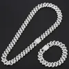 Chains 15mm Miami Prong Cuban Chain Silver Necklace 2 Rows All Ice Bracelet Set Mens Hip Hop Chain 230704