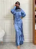 Ethnic Clothing Islamic Satin Muslim Dres Turkish Abaya Dubai Round Neck Button Down Shirt 3 Layers Slim Fit Long Skirt 2 Piece Set Party 230705