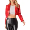 Women's Jackets Club Party Wet Vinyl Leather Lapel Collar Sexy Lady Shiny PVC Long Sleeve Crop Coat DJ Stage Show Streetwear