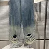 Dżinsy damskie PREPOMP przyjazd Rhinestone haftowane koraliki Gradient niebieski poszarpane dziury szerokie nogawki spodnie dżinsowe damskie długie GH802
