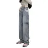 2023 Vintage asymetryczna talia z dziurami proste dżinsy damskie luźne spodnie dżinsowe dorywczo spodnie szerokie nogawki Streetwear mama