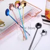 Stainless Round Steel Spoon Long Handle Coffee Honey Spoons Cold Drink Dessert Ice Scoop Bar Tail Stirring Scoops Th0912 s s