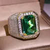 With Side Stones HOYON Dropshop 14K Yellow Gold Color Natural Emerald Ring for Men Green Gemstone AAA Zircon Jewelry Setting 230704