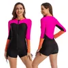 Dames Badmode Badpak voor Vrouwen Rash Guard Badpakken met lange mouwen Zip Up Padded Shirt Boy Shorts Tweedelige tops/bottoms