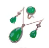 Cristal incrusté de luxe naturel rose vert calcédoine pendentif collier bague boucles d'oreilles ensemble 3 pièces ensemble de bijoux