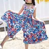 Tjejklänningar Bohemiska Sommar Flickor Blomklänning Barn Strand Solklänning Byxor vida ben Jumpsuit Blommiga Kläder 3 6 8 10 12 14 år