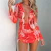 Robes décontractées Tie-Dyed Floral Imprimer Deux Pièces Tops Jupe Costume Femmes Tenue De Vacances À Manches Longues Bandage Cardigans Court