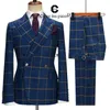 Men s Suits Blazers Cenne Des Graoom Elegant Men Suit Blue Plaid Double Breasted 2 Button Jacket and Pants Wedding Dress Party Evening Costume Homme 230705