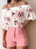 Träningsoveraller för kvinnor 2023 Tvådelade set Damblomtryck Ruched Off Shoulder Top Shorts Set Outfits Mode Casual Elegant Dam