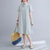 Vêtements ethniques Coton Lin Jaune Rose Blanc Bleu Lâche Moderne Cheongsam Robe Orientale Femmes Manches Courtes Qipao Chinois Traditionnel