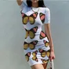 カジュアルドレス 2023 夏のファッション女性のドレス 3D プリント蝶スタイルセクシーなハワイアンタイトなラウンドネック半袖