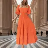 Abiti casual Summer Sexy Backless Midi Dress Women Square Neck Bubble Sleeve Long Female Fashion Waist Cut Out French Vintage