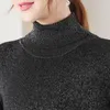 Suéteres de mujer Lurex brillante cuello alto y pulóveres para mujer cálido manga larga Otoño Invierno mullido Jumper marca femenina