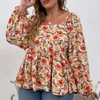 Camiseta Feminina Plus Size Estampa Floral Decote Quadrado Verão Primavera Elegante Blusa Peplum Feminina Manga Lanterna Casual Feminino Grande 6XL 230705