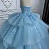 Luxe Hemelsblauw Glanzende Quinceanera Jurken Baljurken Lace Bead Tull Tiered Sweetheart 16 Jurk Lace-Up Feestjurk vestidos De