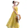 Women's beach holiday yellow flower print Italian strap high waist A-back yarn stitching long desinger dress SML