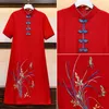 Etnische Kleding 2021 M-4XL Plus Size Vintage Rode Borduurwerk Chinese Traditionele Qipao Casual Party Vrouwen Midi Jurk Zomer Cheongs223h