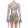 Robe de deux pièces Mesh Tie Dye 2 ensembles de jupes tenue à manches évasées gland creux ensemble court mini bandage à volants 230630