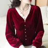 Chemisiers pour femmes Chemises Automne Printemps Femmes Vintage Volants Lanterne Manches Vin Rouge Noir Velours Chemisier Tops Femme Slim Dentelle Patchwork Velour 230705