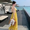 Women's beach holiday yellow flower print Italian strap high waist A-back yarn stitching long desinger dress SML