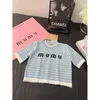 Primavera/Verano fragante manga corta prendas de punto mujer letra raya fina camiseta corta mujer