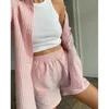 Women's Sleepwear SOUPINMAO Loung Wear Home Clothes Stripe Long Sleeve Shirt Tops And Loose High Waisted Mini Shorts Two Piece Set Pajamas