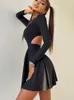 Basic Casual Jurken Jurk met lange mouwen Geplooid Feest Zwart Bodycon Herfst Winter Cut Out Streetwear Kerstkleding Backless Mini 230705