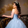 Ljusblå Quinceanera Klänning Prinsess Balklänning Älskling Ärmlös 3D Blommor Pärlor Fest Söt 16 Vestidos De 15 Anos