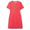 2023 Summer Red Solid Color BeadedDress Short Sleeve Round Neck Knee-Length Casual Dresses W3L041005