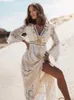 Повседневные платья Boho Long Dress Женщины летние кружев V Sece Flare Serce Sexy Maxi платье леди праздничные вечеринки пляжные свадебные платья vestidos de mujer j230705