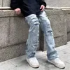 Jeans da uomo con foro strappato Retro lavato Jeans da uomo Streetwear Distressed Casual Pantaloni larghi in denim Harajuku Pantaloni larghi stile Vibe dritto T230705